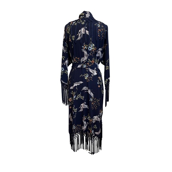 Jennafer Grace Kimono Robe Designer Handmade Blue Cranes Floral Fringe Boho S M - Picture 2 of 15
